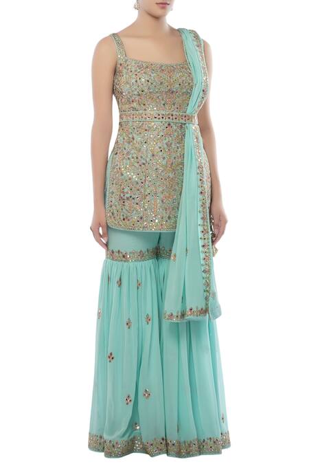 Tamanna Punjabi Kapoor Blue Georgette Square Neck Embroidered Kurta Sharara Set Online at Aza Fashions Tamanna Punjabi Kapoor_Blue Georgette Square Neck Embroidered Kurta Sharara Set _Online_at_Aza_Fashions