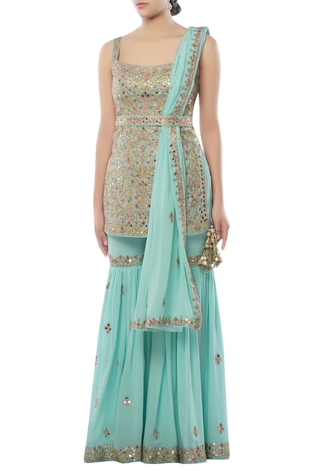 Buy Tamanna Punjabi Kapoor Blue Georgette Square Neck Embroidered Kurta Sharara Set Online at Aza Fashions Buy_Tamanna Punjabi Kapoor_Blue Georgette Square Neck Embroidered Kurta Sharara Set _Online_at_Aza_Fashions