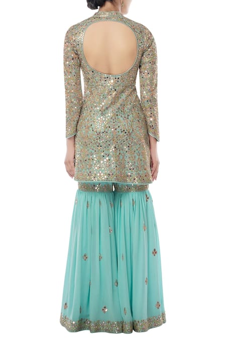 Shop Tamanna Punjabi Kapoor Blue Georgette V Neck Embroidered Kurta Sharara Set at Aza Fashions Shop_Tamanna Punjabi Kapoor_Blue Georgette V Neck Embroidered Kurta Sharara Set _at_Aza_Fashions