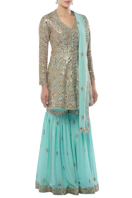 Tamanna Punjabi Kapoor Blue Georgette V Neck Embroidered Kurta Sharara Set Online at Aza Fashions Tamanna Punjabi Kapoor_Blue Georgette V Neck Embroidered Kurta Sharara Set _Online_at_Aza_Fashions