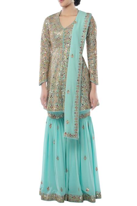 Buy Tamanna Punjabi Kapoor Blue Georgette V Neck Embroidered Kurta Sharara Set Online at Aza Fashions Buy_Tamanna Punjabi Kapoor_Blue Georgette V Neck Embroidered Kurta Sharara Set _Online_at_Aza_Fashions
