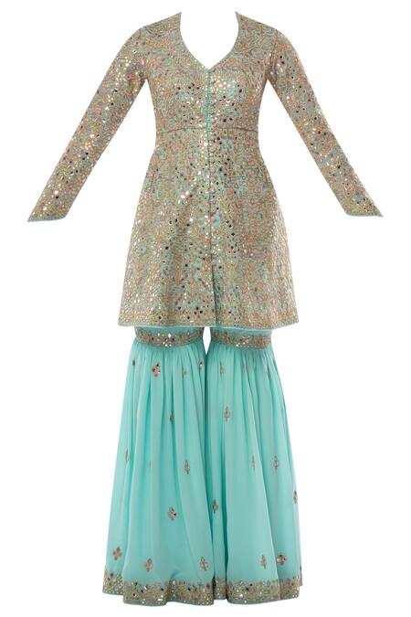 Shop Tamanna Punjabi Kapoor Blue Georgette V Neck Embroidered Kurta Sharara Set Online at Aza Fashions Shop_Tamanna Punjabi Kapoor_Blue Georgette V Neck Embroidered Kurta Sharara Set _Online_at_Aza_Fashions