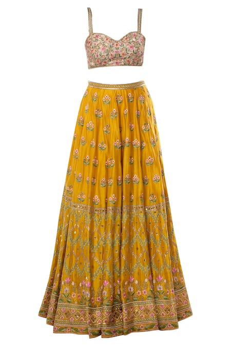 Shop_Tamanna Punjabi Kapoor_Yellow Sweetheart Neck Chanderi Bridal Lehenga Set  _Online_at_Aza_Fashions