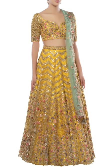 Tamanna Punjabi Kapoor Yellow Net Wide Neck Embroidered Bridal Lehenga Set Online at Aza Fashions Tamanna Punjabi Kapoor_Yellow Net Wide Neck Embroidered Bridal Lehenga Set _Online_at_Aza_Fashions
