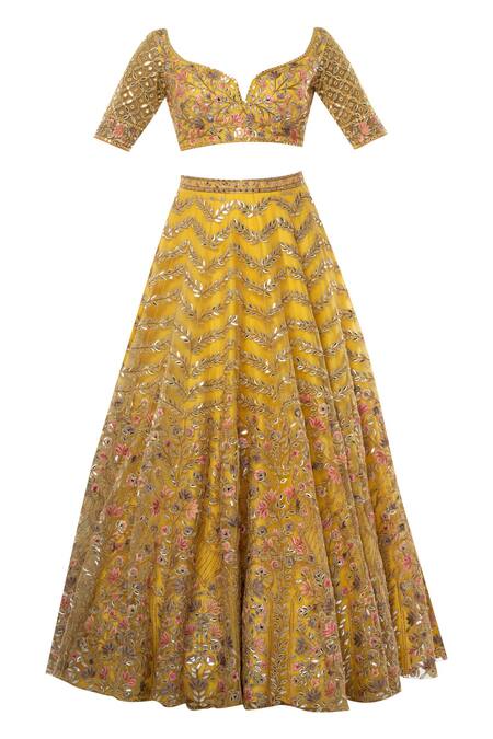 Shop Tamanna Punjabi Kapoor Yellow Net Wide Neck Embroidered Bridal Lehenga Set Online at Aza Fashions Shop_Tamanna Punjabi Kapoor_Yellow Net Wide Neck Embroidered Bridal Lehenga Set _Online_at_Aza_Fashions