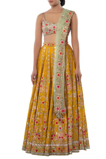 Buy Tamanna Punjabi Kapoor Yellow Net, Chanderi Silk Sweetheart Neck Embroidered Bridal Lehenga Set Online at Aza Fashions Buy_Tamanna Punjabi Kapoor_Yellow Net, Chanderi Silk Sweetheart Neck Embroidered Bridal Lehenga Set _Online_at_Aza_Fashions