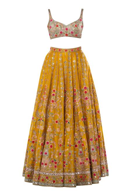 Shop Tamanna Punjabi Kapoor Yellow Net, Chanderi Silk Sweetheart Neck Embroidered Bridal Lehenga Set Online at Aza Fashions Shop_Tamanna Punjabi Kapoor_Yellow Net, Chanderi Silk Sweetheart Neck Embroidered Bridal Lehenga Set _Online_at_Aza_Fashions