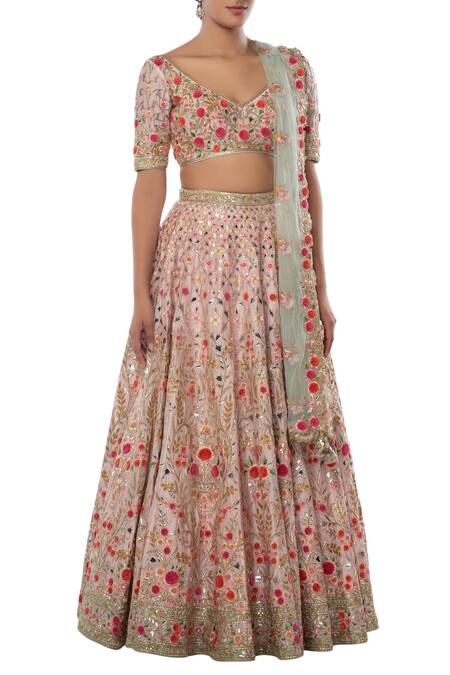 Tamanna Punjabi Kapoor Pink Net, Chanderi Silk V Neck Embroidered Bridal Lehenga Set Online at Aza Fashions Tamanna Punjabi Kapoor_Pink Net, Chanderi Silk V Neck Embroidered Bridal Lehenga Set _Online_at_Aza_Fashions