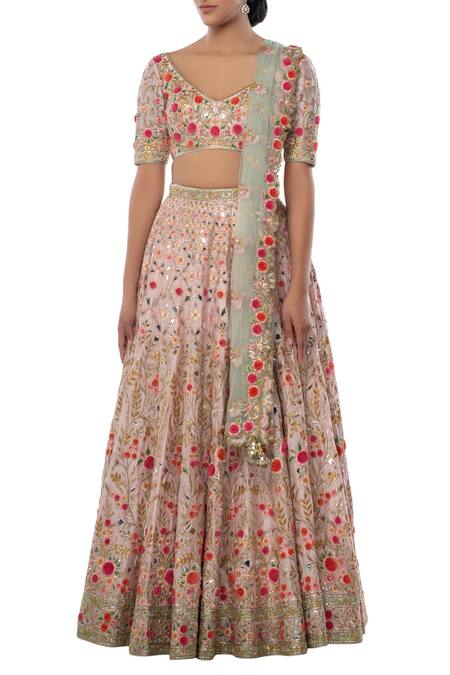 Buy Tamanna Punjabi Kapoor Pink Net, Chanderi Silk V Neck Embroidered Bridal Lehenga Set Online at Aza Fashions Buy_Tamanna Punjabi Kapoor_Pink Net, Chanderi Silk V Neck Embroidered Bridal Lehenga Set _Online_at_Aza_Fashions