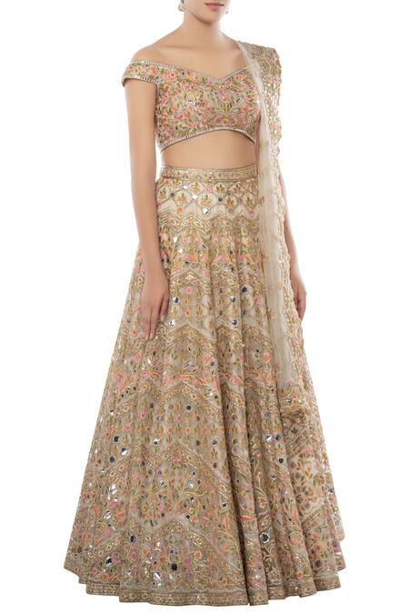Tamanna Punjabi Kapoor_Off White Net One Shoulder Embroidered Bridal Lehenga Set _Online_at_Aza_Fashions