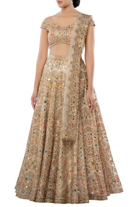 Buy_Tamanna Punjabi Kapoor_Off White Net One Shoulder Embroidered Bridal Lehenga Set _Online_at_Aza_Fashions