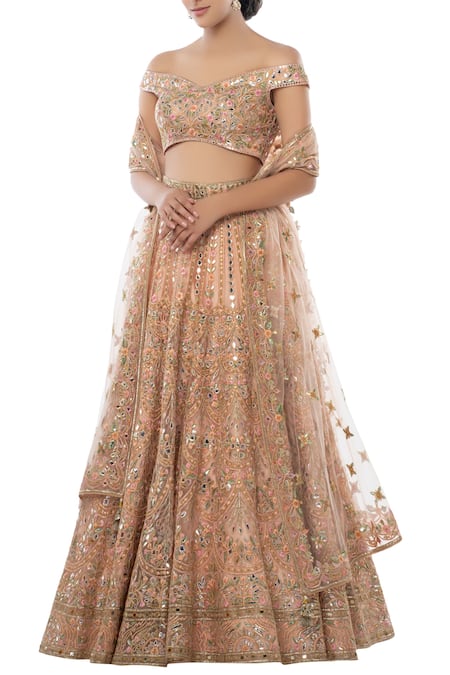 Tamanna Punjabi Kapoor Peach Net One Shoulder Embroidered Bridal Lehenga Set  