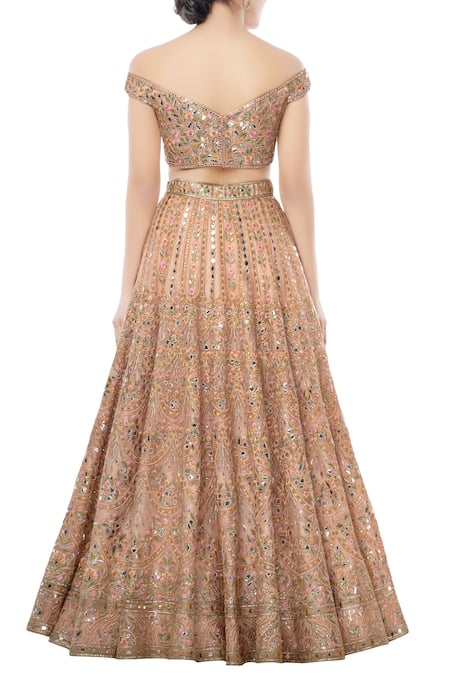 Shop Tamanna Punjabi Kapoor Peach Net One Shoulder Embroidered Bridal Lehenga Set at Aza Fashions Shop_Tamanna Punjabi Kapoor_Peach Net One Shoulder Embroidered Bridal Lehenga Set _at_Aza_Fashions