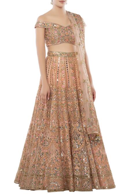 Tamanna Punjabi Kapoor Peach Net One Shoulder Embroidered Bridal Lehenga Set Online at Aza Fashions Tamanna Punjabi Kapoor_Peach Net One Shoulder Embroidered Bridal Lehenga Set _Online_at_Aza_Fashions