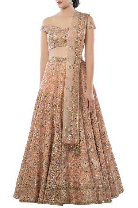 Buy Tamanna Punjabi Kapoor Peach Net One Shoulder Embroidered Bridal Lehenga Set Online at Aza Fashions Buy_Tamanna Punjabi Kapoor_Peach Net One Shoulder Embroidered Bridal Lehenga Set _Online_at_Aza_Fashions