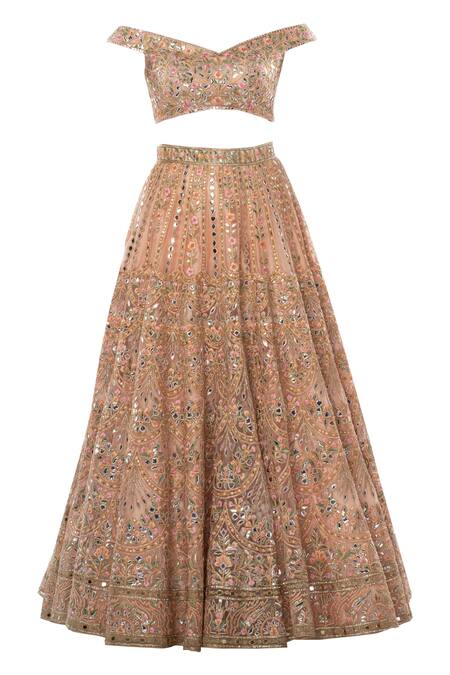 Shop Tamanna Punjabi Kapoor Peach Net One Shoulder Embroidered Bridal Lehenga Set Online at Aza Fashions Shop_Tamanna Punjabi Kapoor_Peach Net One Shoulder Embroidered Bridal Lehenga Set _Online_at_Aza_Fashions