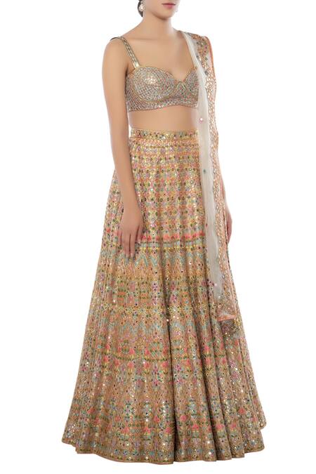 Tamanna Punjabi Kapoor Off White Net, Chanderi Silk Sweetheart Neck Embroidered Bridal Lehenga Set Online at Aza Fashions Tamanna Punjabi Kapoor_Off White Net, Chanderi Silk Sweetheart Neck Embroidered Bridal Lehenga Set _Online_at_Aza_Fashions