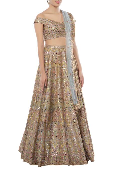 Tamanna Punjabi Kapoor Blue Net, Chanderi Silk One Shoulder Embroidered Bridal Lehenga Set Online at Aza Fashions Tamanna Punjabi Kapoor_Blue Net, Chanderi Silk One Shoulder Embroidered Bridal Lehenga Set _Online_at_Aza_Fashions