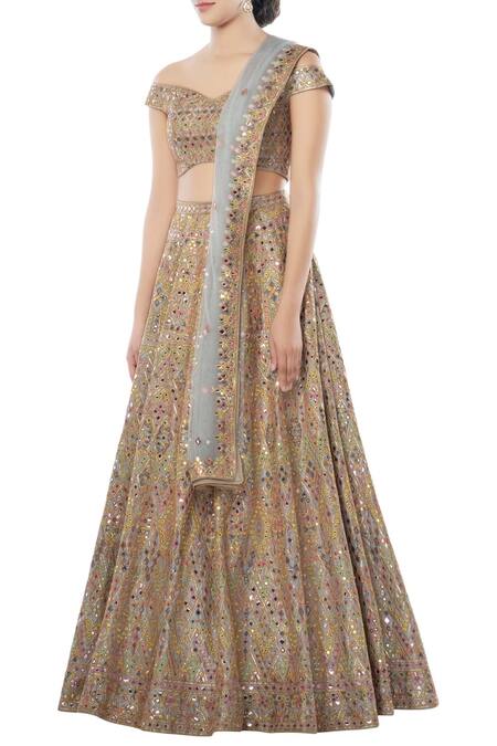 Buy Tamanna Punjabi Kapoor Blue Net, Chanderi Silk One Shoulder Embroidered Bridal Lehenga Set Online at Aza Fashions Buy_Tamanna Punjabi Kapoor_Blue Net, Chanderi Silk One Shoulder Embroidered Bridal Lehenga Set _Online_at_Aza_Fashions