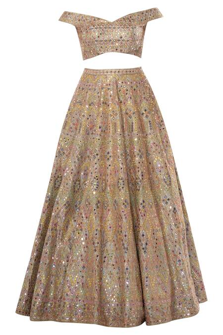 Shop Tamanna Punjabi Kapoor Blue Net, Chanderi Silk One Shoulder Embroidered Bridal Lehenga Set Online at Aza Fashions Shop_Tamanna Punjabi Kapoor_Blue Net, Chanderi Silk One Shoulder Embroidered Bridal Lehenga Set _Online_at_Aza_Fashions