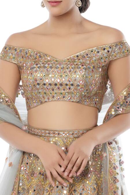 Tamanna Punjabi Kapoor Blue Net, Chanderi Silk One Shoulder Embroidered Bridal Lehenga Set at Aza Fashions Tamanna Punjabi Kapoor_Blue Net, Chanderi Silk One Shoulder Embroidered Bridal Lehenga Set _at_Aza_Fashions