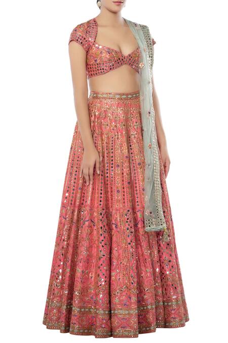Tamanna Punjabi Kapoor Coral Raw Silk, Net Pentagon Embroidered Bridal Lehenga Set Online at Aza Fashions Tamanna Punjabi Kapoor_Coral Raw Silk, Net Pentagon Embroidered Bridal Lehenga Set _Online_at_Aza_Fashions