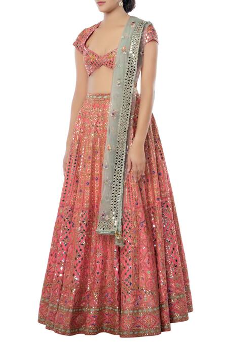 Buy Tamanna Punjabi Kapoor Coral Raw Silk, Net Pentagon Embroidered Bridal Lehenga Set Online at Aza Fashions Buy_Tamanna Punjabi Kapoor_Coral Raw Silk, Net Pentagon Embroidered Bridal Lehenga Set _Online_at_Aza_Fashions