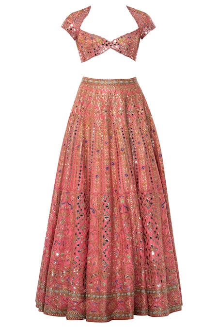 Shop Tamanna Punjabi Kapoor Coral Raw Silk, Net Pentagon Embroidered Bridal Lehenga Set Online at Aza Fashions Shop_Tamanna Punjabi Kapoor_Coral Raw Silk, Net Pentagon Embroidered Bridal Lehenga Set _Online_at_Aza_Fashions