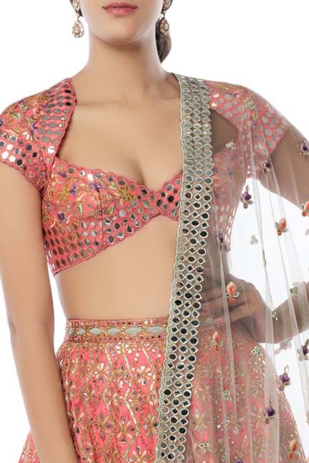 Tamanna Punjabi Kapoor Coral Raw Silk, Net Pentagon Embroidered Bridal Lehenga Set at Aza Fashions Tamanna Punjabi Kapoor_Coral Raw Silk, Net Pentagon Embroidered Bridal Lehenga Set _at_Aza_Fashions