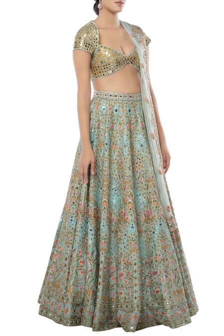 Tamanna Punjabi Kapoor Blue Raw Silk, Net Pentagon Embroidered Bridal Lehenga Set Online at Aza Fashions Tamanna Punjabi Kapoor_Blue Raw Silk, Net Pentagon Embroidered Bridal Lehenga Set _Online_at_Aza_Fashions