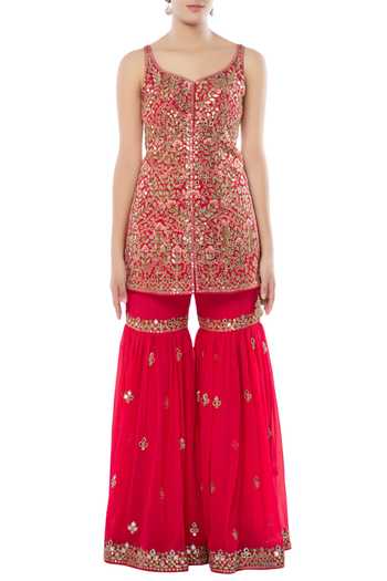Tamanna Punjabi Kapoor_Pink Georgette Pentagon Embellished Kurta Sharara Set _Online_at_Aza_Fashions