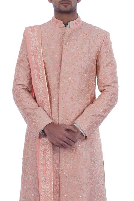 Shop Nitesh Singh Chauhan Peach Georgette, Cotton , Art Embroidered Sherwani Set at Aza Fashions Shop_Nitesh Singh Chauhan_Peach Georgette, Cotton , Art Embroidered Sherwani Set _at_Aza_Fashions