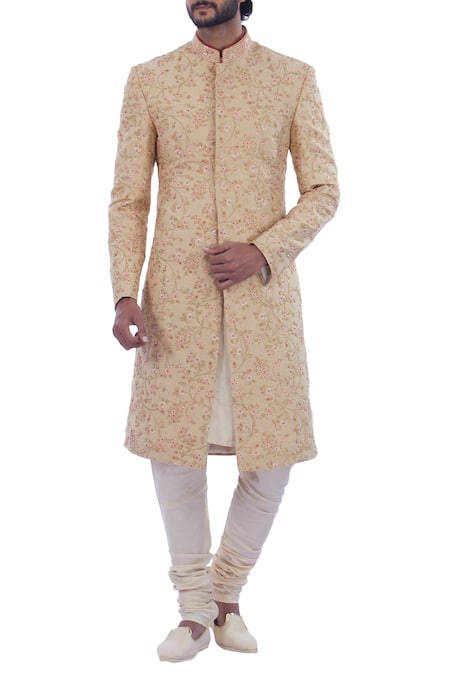 Nitesh Singh Chauhan Beige Cotton , Art Embroidered Sherwani Set 