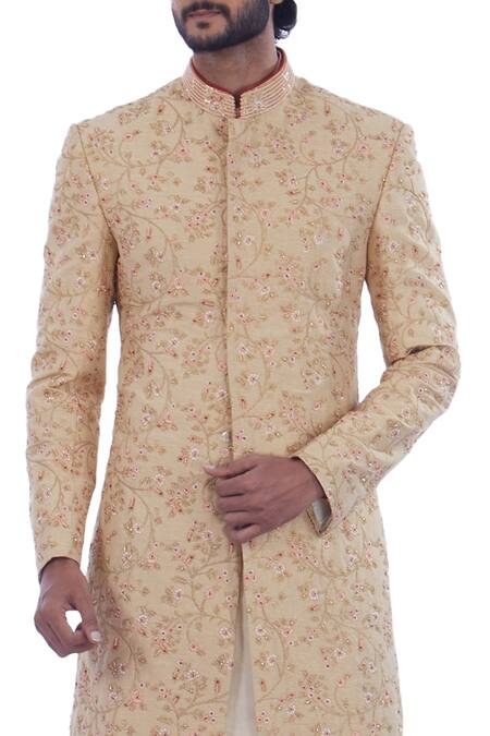 Shop Nitesh Singh Chauhan Beige Cotton , Art Embroidered Sherwani Set at Aza Fashions Shop_Nitesh Singh Chauhan_Beige Cotton , Art Embroidered Sherwani Set _at_Aza_Fashions