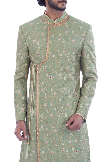 Shop Nitesh Singh Chauhan Cream Cotton , Art Embroidered Sherwani Set at Aza Fashions Shop_Nitesh Singh Chauhan_Cream Cotton , Art Embroidered Sherwani Set _at_Aza_Fashions