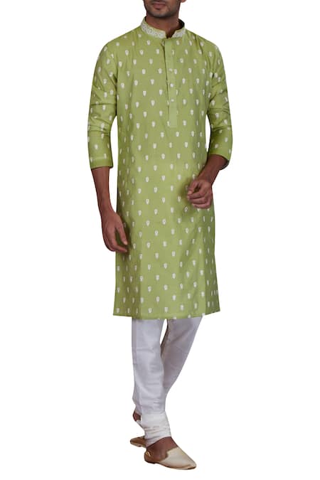 Nitesh Singh Chauhan Green Cotton Silk, Blended Chanderi Kurta Set 