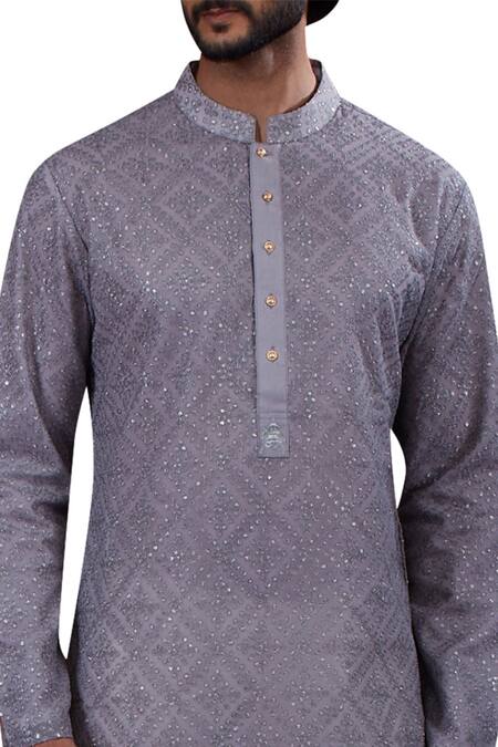 Shop Nitesh Singh Chauhan Grey Cotton Silk, Blended Chanderi Kurta Set at Aza Fashions Shop_Nitesh Singh Chauhan_Grey Cotton Silk, Blended Chanderi Kurta Set _at_Aza_Fashions