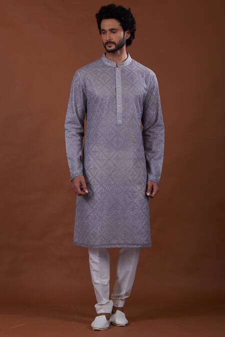 Nitesh Singh Chauhan Grey Cotton Silk, Blended Chanderi Kurta Set Online at Aza Fashions Nitesh Singh Chauhan_Grey Cotton Silk, Blended Chanderi Kurta Set _Online_at_Aza_Fashions