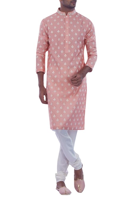 Nitesh Singh Chauhan Peach Cotton Silk, Blended Chanderi Kurta Set 