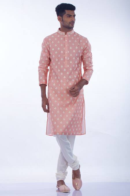 Nitesh Singh Chauhan Peach Cotton Silk, Blended Chanderi Kurta Set Online at Aza Fashions Nitesh Singh Chauhan_Peach Cotton Silk, Blended Chanderi Kurta Set _Online_at_Aza_Fashions