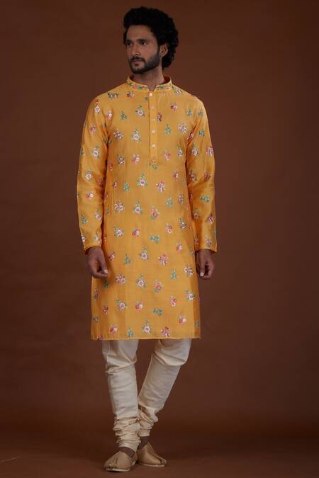 Nitesh Singh Chauhan Yellow Cotton Silk, Blended Chanderi Kurta Set Online at Aza Fashions Nitesh Singh Chauhan_Yellow Cotton Silk, Blended Chanderi Kurta Set _Online_at_Aza_Fashions