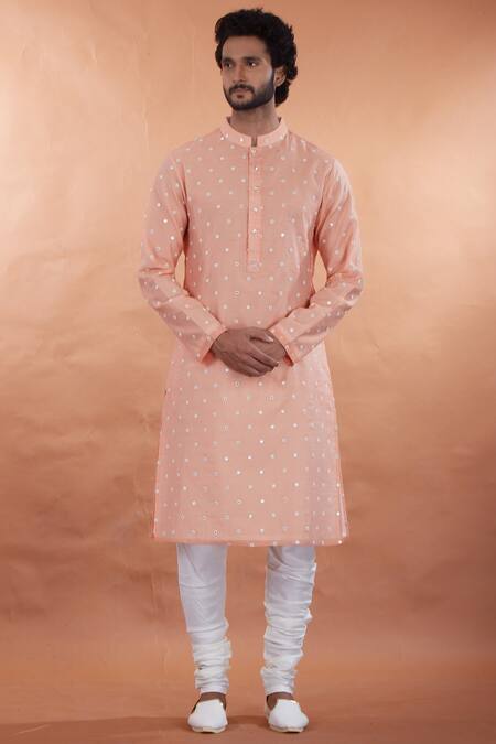 Nitesh Singh Chauhan Peach Cotton Silk, Blended Chanderi Kurta Set Online at Aza Fashions Nitesh Singh Chauhan_Peach Cotton Silk, Blended Chanderi Kurta Set _Online_at_Aza_Fashions