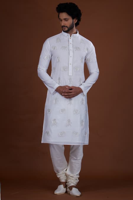 Nitesh Singh Chauhan Off White Cotton Silk, Blended Chanderi Kurta Set Online at Aza Fashions Nitesh Singh Chauhan_Off White Cotton Silk, Blended Chanderi Kurta Set _Online_at_Aza_Fashions
