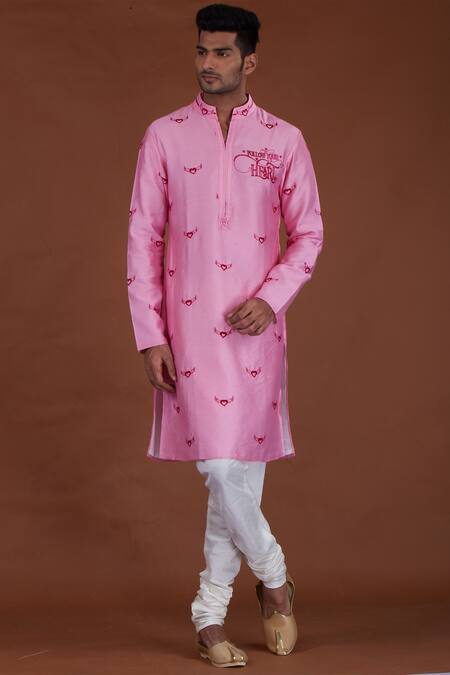 Nitesh Singh Chauhan Pink Cotton Silk, Blended Chanderi Kurta Set Online at Aza Fashions Nitesh Singh Chauhan_Pink Cotton Silk, Blended Chanderi Kurta Set _Online_at_Aza_Fashions