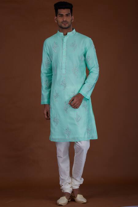 Nitesh Singh Chauhan Green Cotton Silk, Blended Chanderi Kurta Set Online at Aza Fashions Nitesh Singh Chauhan_Green Cotton Silk, Blended Chanderi Kurta Set _Online_at_Aza_Fashions