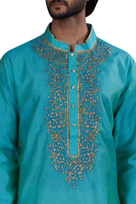 Shop Nitesh Singh Chauhan Blue Cotton Silk, Blended Chanderi Kurta Set at Aza Fashions Shop_Nitesh Singh Chauhan_Blue Cotton Silk, Blended Chanderi Kurta Set _at_Aza_Fashions