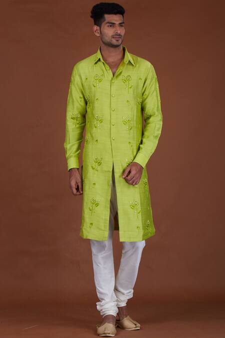 Nitesh Singh Chauhan Green Cotton Silk, Blended Chanderi Kurta Set Online at Aza Fashions Nitesh Singh Chauhan_Green Cotton Silk, Blended Chanderi Kurta Set _Online_at_Aza_Fashions