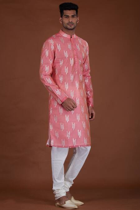 Nitesh Singh Chauhan Pink Cotton Silk, Blended Chanderi Kurta Set Online at Aza Fashions Nitesh Singh Chauhan_Pink Cotton Silk, Blended Chanderi Kurta Set _Online_at_Aza_Fashions