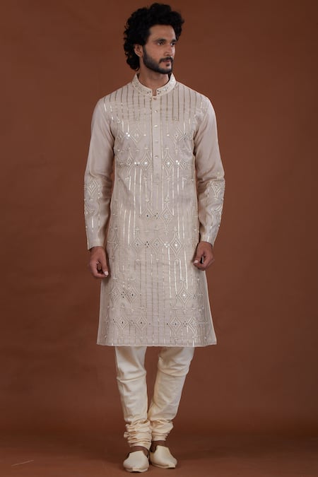 Nitesh Singh Chauhan Cream Cotton Silk, Blended Chanderi Kurta Set Online at Aza Fashions Nitesh Singh Chauhan_Cream Cotton Silk, Blended Chanderi Kurta Set _Online_at_Aza_Fashions