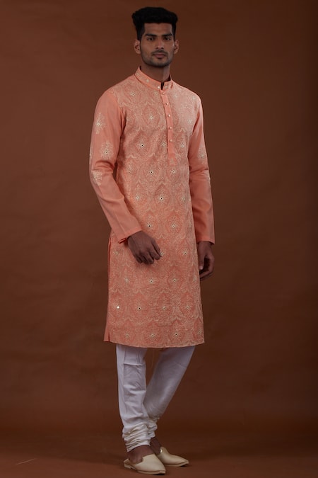 Nitesh Singh Chauhan Orange Cotton Silk, Blended Chanderi Kurta Set Online at Aza Fashions Nitesh Singh Chauhan_Orange Cotton Silk, Blended Chanderi Kurta Set _Online_at_Aza_Fashions